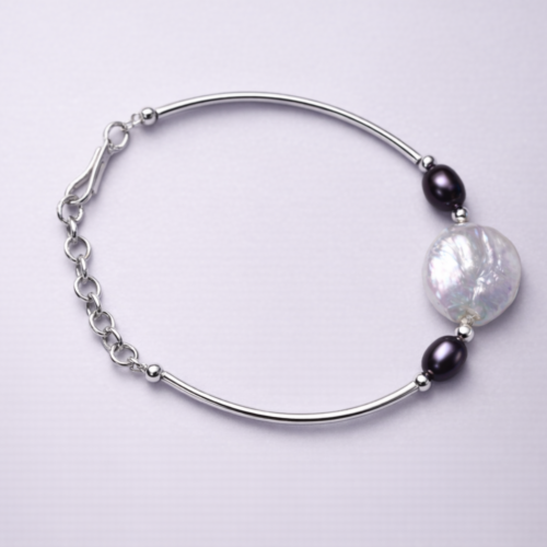 Elysian Elite Modern Sterling Silver Baroque Pearl and Dark Peacock Pearl Bangle Bracelet