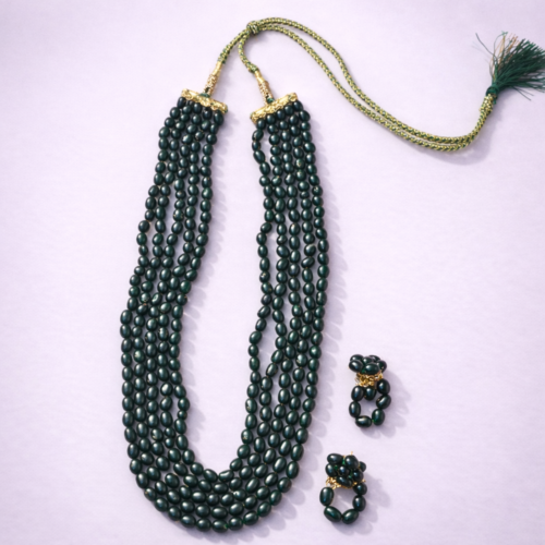 Dark green multi strand beaded statement necklace set with matching earrings by Elysian Elite