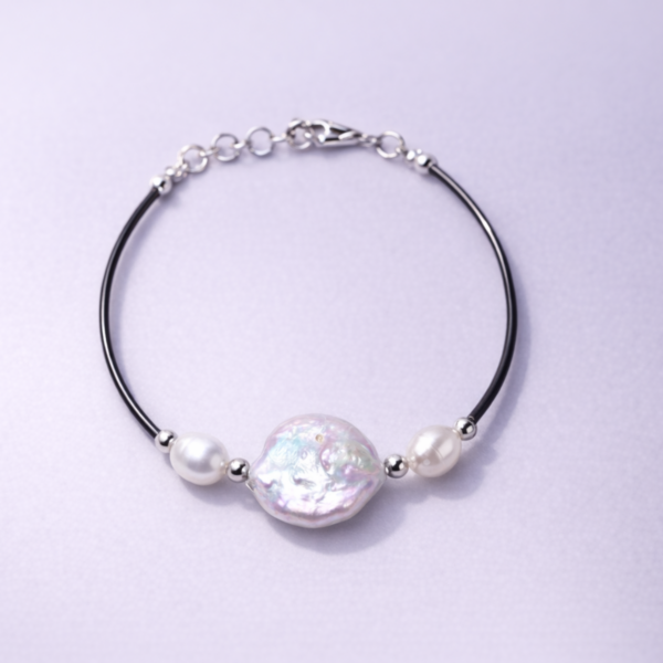 Elysian Elite Modern Sterling Silver Baroque Pearl and Dark Peacock Pearl Bangle Bracelet