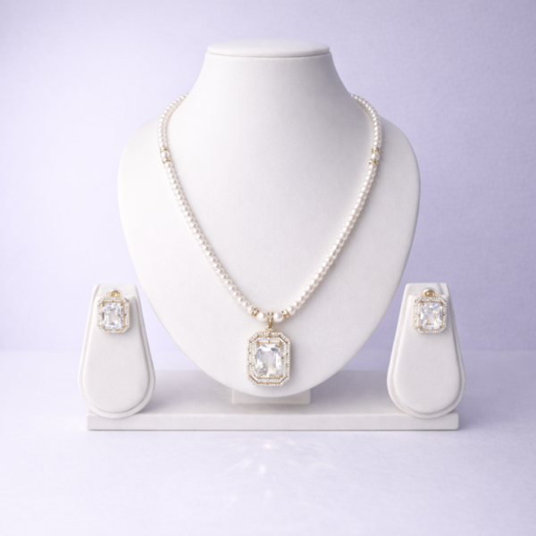 Elysian Elite White Pearl Beaded Bold Statement Necklace Set with Crystal Pendant and Matching Earrings