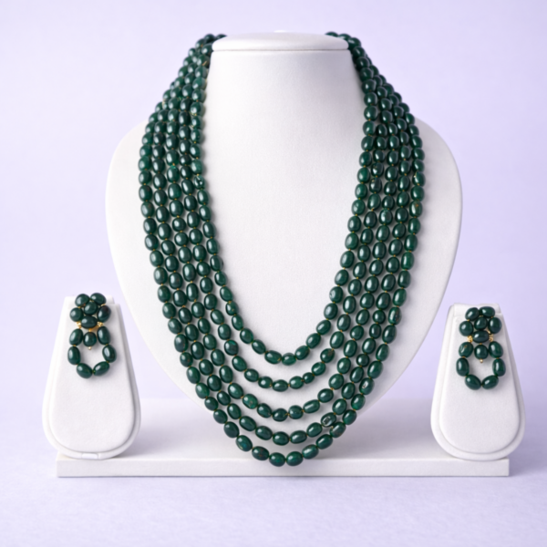 Elysian Elite Dark Green Multi-Strand Beaded Statement Necklace Set with Matching Earrings