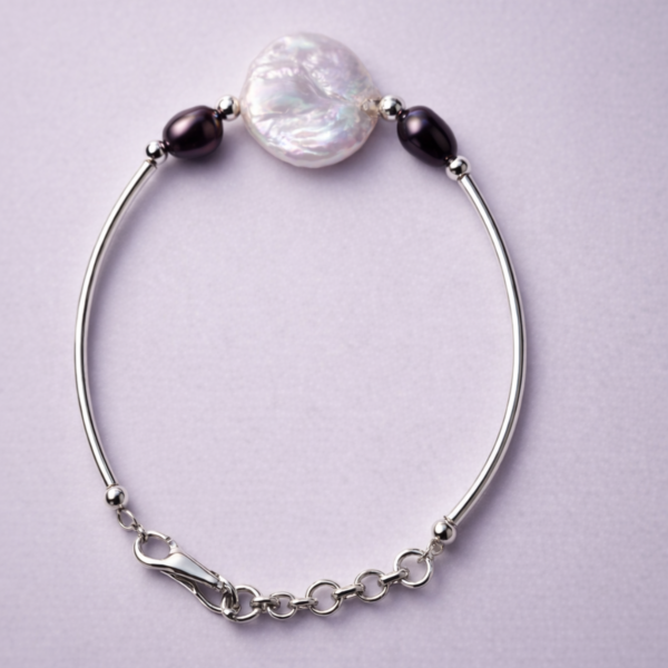 Elysian Elite Modern Sterling Silver Baroque Pearl and Dark Peacock Pearl Bangle Bracelet