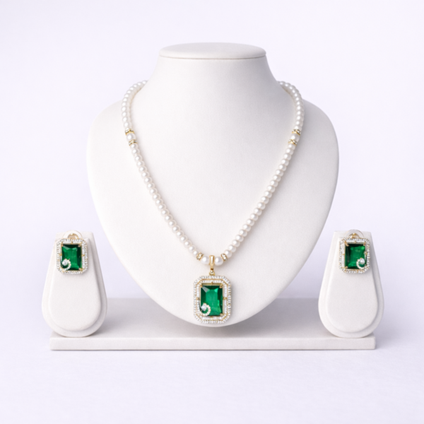 Elysian Elite White Pearl Beaded Bold Statement Necklace Set with Green Crystal Pendant and Matching Earrings