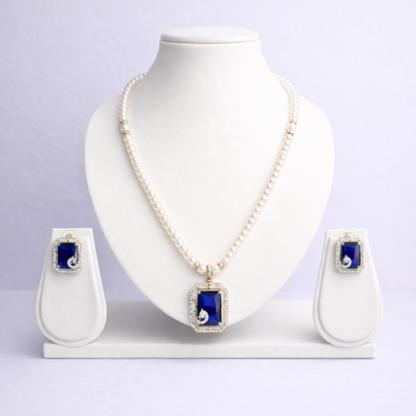 Elysian Elite White Pearl Beaded Bold Statement Necklace Set with Blue Crystal Pendant and Matching Earrings