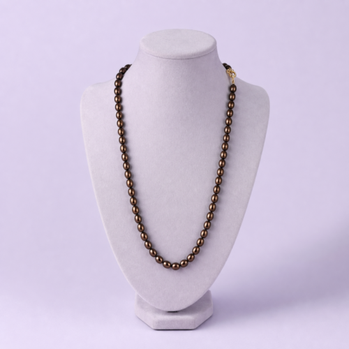 Bronze Metallic Pearl Strand Necklace for Women with Round Chocolate Beads and Gold Clasp