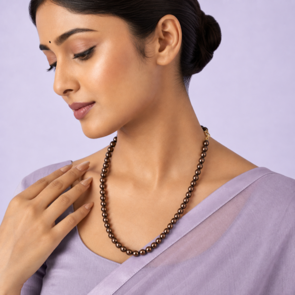 Bronze Metallic Pearl Strand Necklace for Women with Round Chocolate Beads and Gold Clasp { Gallery